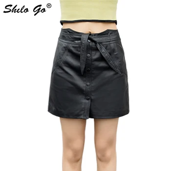 

Genuine Leather Skirt Elegant Wrap Waist Button Front High Waist Sheepskin A Line Skirt Women Casual Office Lady Pencil Skirts