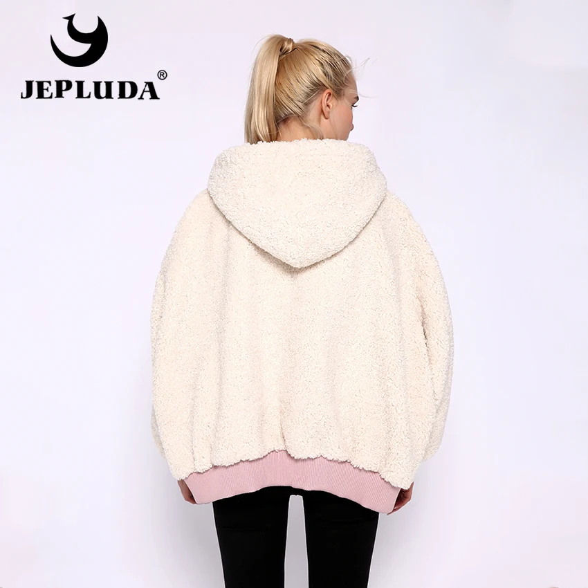 JEPLUDA Plus Size двусторонная куртка зимняя женская с капюшоном шерстяная смесь из натурального овечьего меха шуба натуральный шерстяная смесь большой размер летучая мышь женское пальто с капюшоном теплое свободное