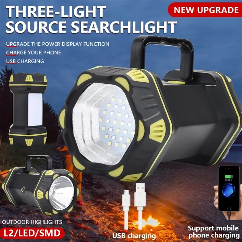 

Portable Spotlight 3 Light Source Powerful Searchlight Recharge 8 Modes Outdoor Camping Fishing Flashlight With COB Side Light