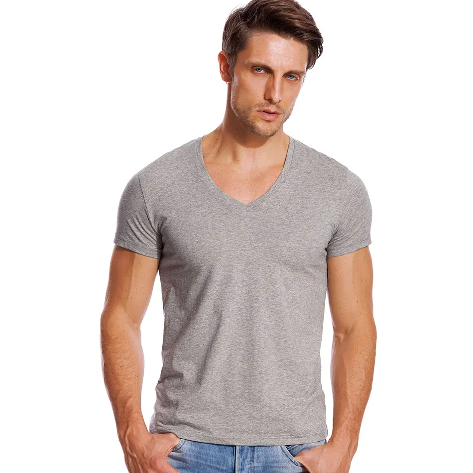 Deep V Neck T Shirt for Men Slim Fit Low Cut Wide Collar Top Tees Male ...