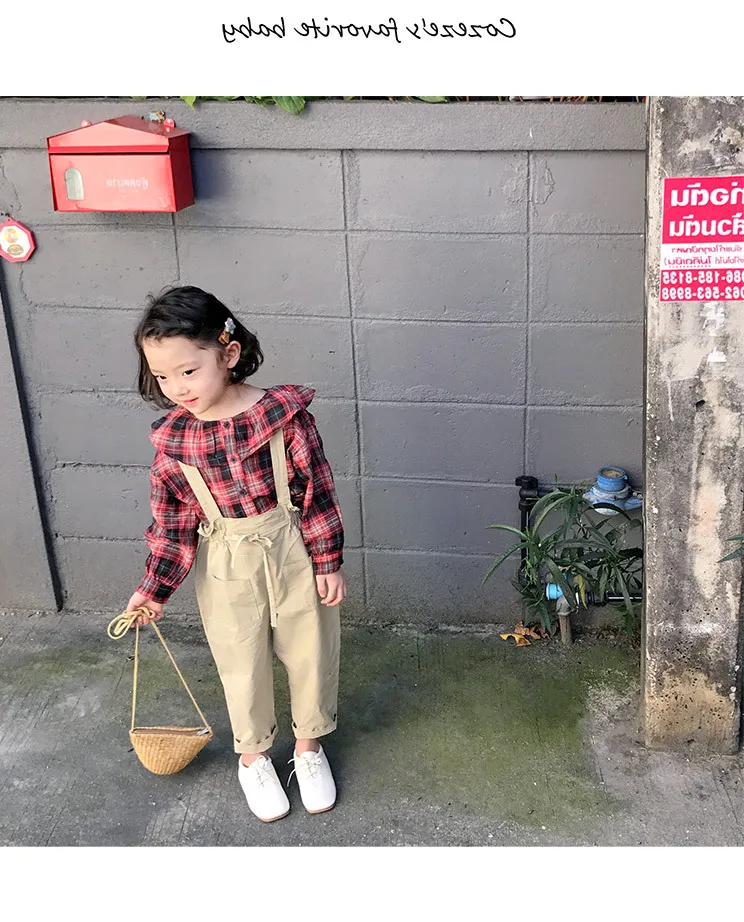 new autumn item girl fashion suit including plaid shirt+suspender pant 2pcs per set