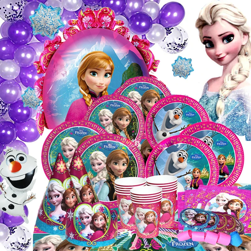 Artículo caliente Disney congelado Elsa Anna princesa suministros para fiestas de cumpleaños de paja de papel placas globo vajillas niños favores de la decoración de la fiesta 1gNWbznYMpa