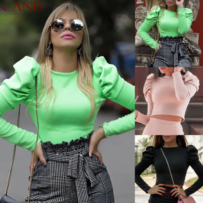 

Women Cropped Top Long Puff Sleeve Tee Ladies Summer Autumn Clothes Casual T-shirt Slim Tops