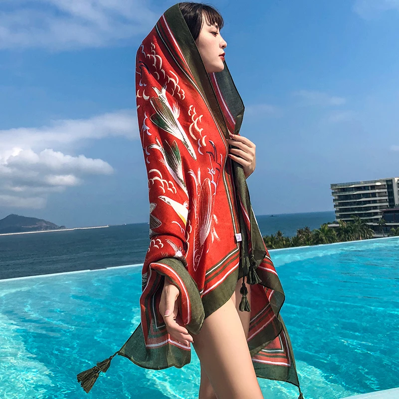 New scarf ladies summer national wind shawl scarf dual-use beach towel large sunscreen red exotic boho