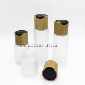 Empty Frosted Glass Cosmetic Container Emulsion Spray Pump Bottle Cream Jar with Eco Friendly Wood Bamboo Cap Ppipette Lid