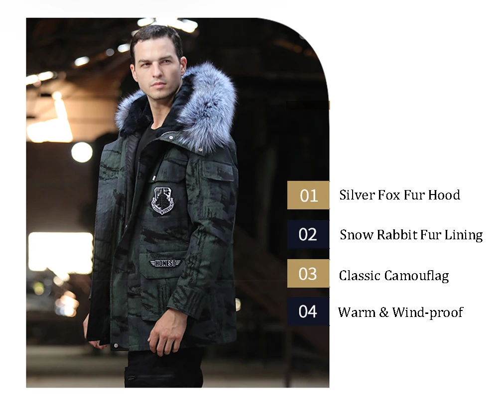 SANI Men Fashion Parkas Fur Silver Fox Hooded Clothing Natural Soft Warm Rabbit Fur Jacket Medium Long Winter Real Fur Coat