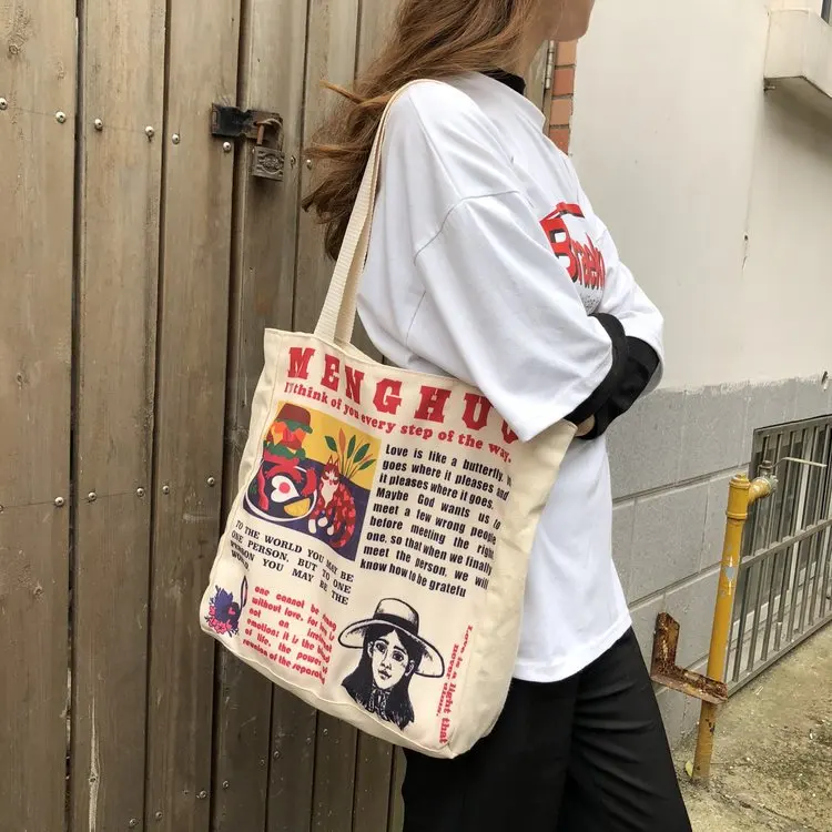 

2019 New Style Korean-style Fashion Cool INS Students Hand Canvas Bag Women's Literature And Art Retro Illustration Newspaper Sh
