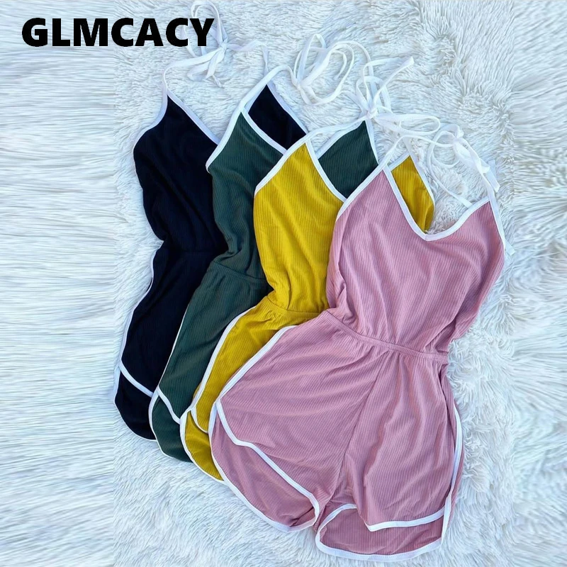 Women Solid Halter Rompers Sexy Fitness Bodysuits Casual Home Loungewear Backless Short Romper Women Solid Halter Rompers Sexy Fitness Bodysuits Casual Home Loungewear Backless Short Romper