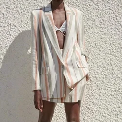 Za jaqueta de linho feminina, primavera, traje para mulheres, jaqueta de lapela, bolso casual, decoração, roupa externa, ol, escritório, listrado, 2021