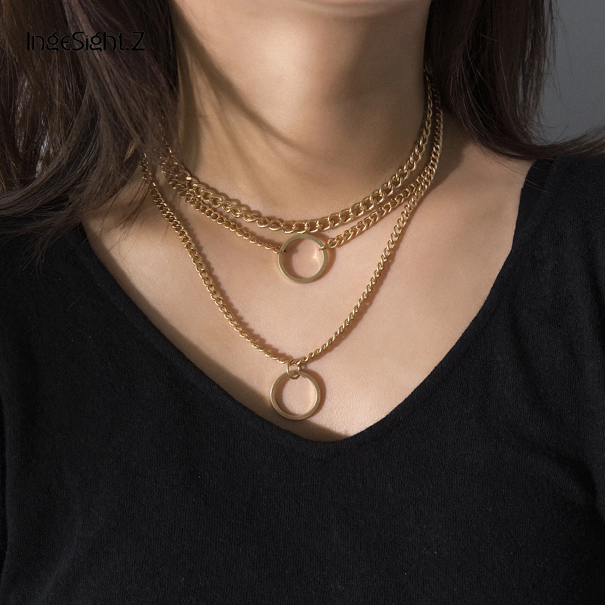 

IngeSight.Z Punk Multi Layer Chunky Chain Choker Necklace Collar Statement Copper Round Circle Pendant Necklace Women Jewelry