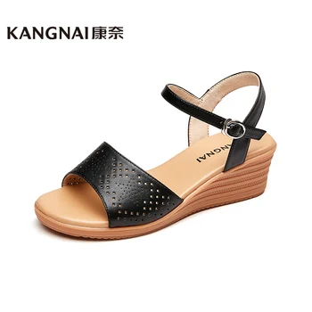 

KANGNAI Wedges Sandals Women Genuine Leather Ankle Strap Open Toe Hollow Out Summer Woman Bohemian Shoes Comfortable