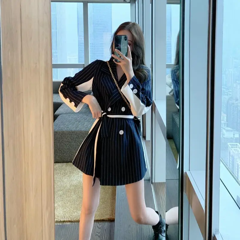 

2019 New Style Korean-style Contrast Color Stripes Joint Mid-length Suit Jacket Women's Autumn Slim Fit Long Sleeve Waist Huggin