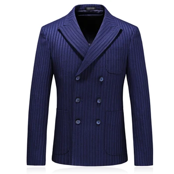 

MarKyi fashion striped double breasted mens suit jacket blazers good quality navy blue blazers for men