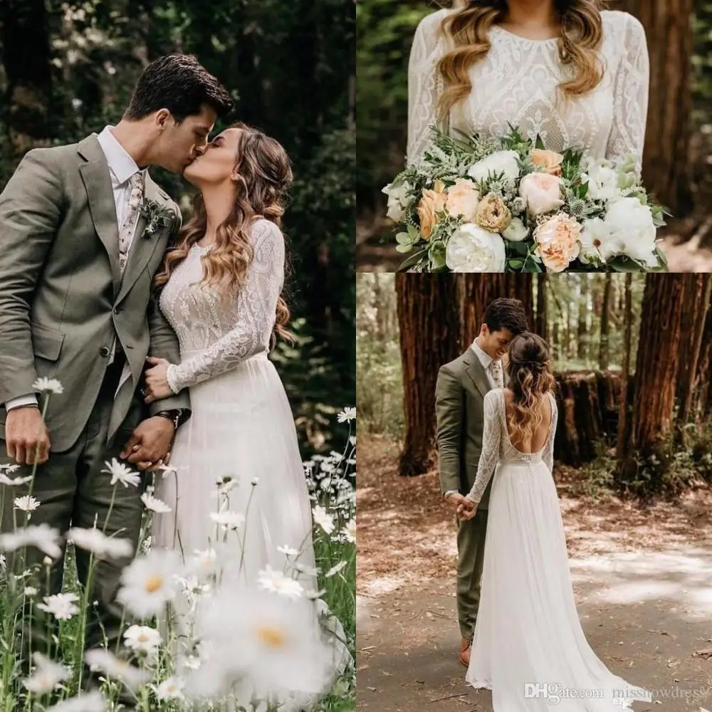 Boho кружево Свадебные платья 2019 с длинными рукавами и открытой спиной Аппликация Совок шифон развертки поезд Vestidos De Noiva Robe De Mariage дешевые