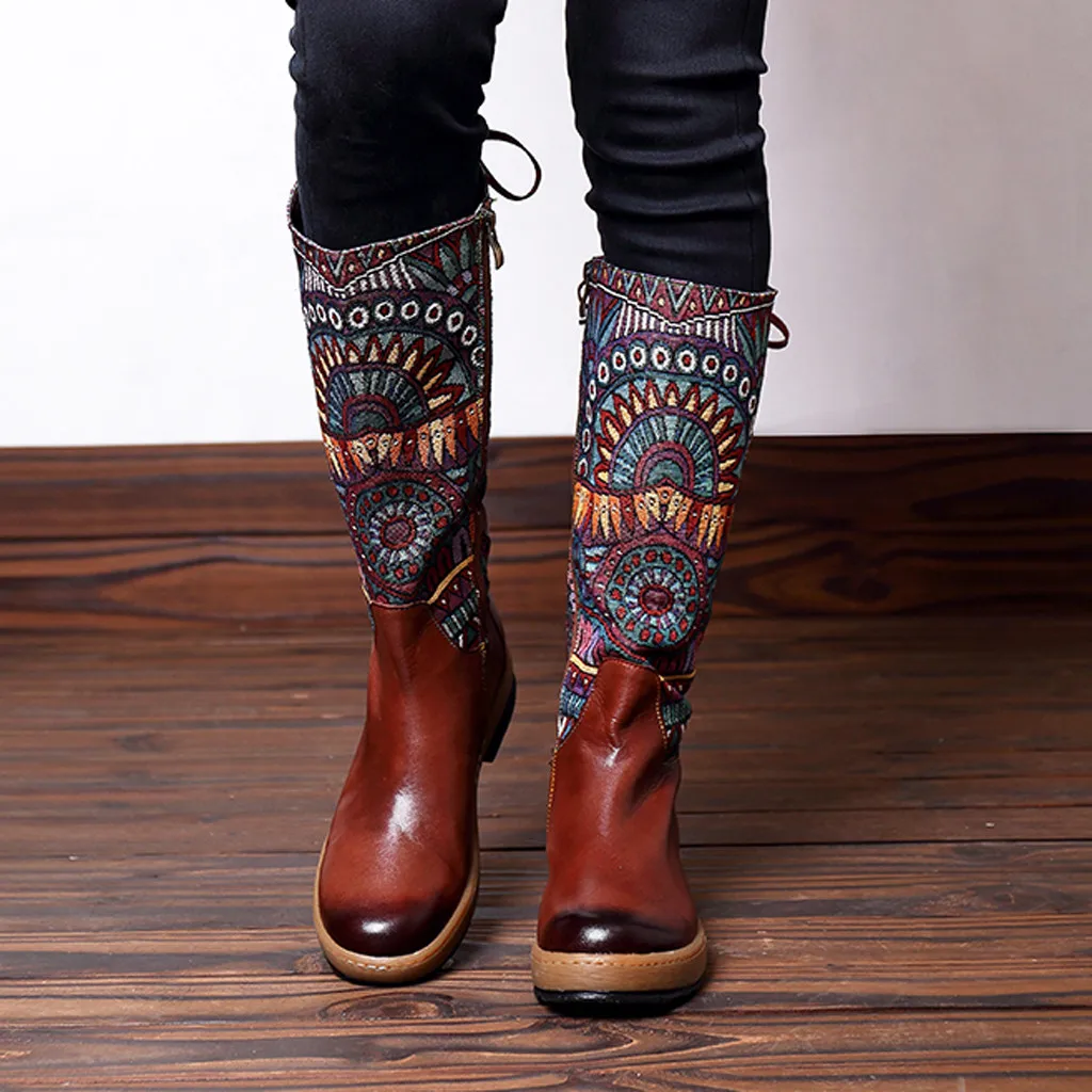 MUQGEW Flat with Boots Mixed Colors Knee boots Women Embroidery Lace Shoe Splicing Pattern Flat Bohemian style Long Boots #815