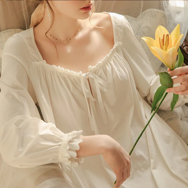 White Nightgown Sleepwear Lady Spring Autumn Long Sleeve Nightdress Loose Women Princess Nightgowns Comfortable 2