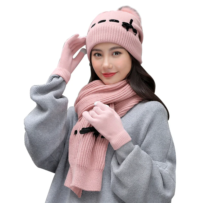 

New 3 / Set Outdoor Winter Gloves Scarf And Hats Ladies Warm Knit Shawl Plus Velvet Beanie Cotton Soft Skullies Gifts For Family