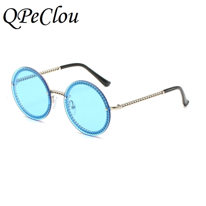 QPeClou модные круглые солнцезащитные очки с цепочкой женские металлические брендовые дизайнерские солнцезащитные очки мужские черные очки не включена цепочка - Цвет линз: Blue0739