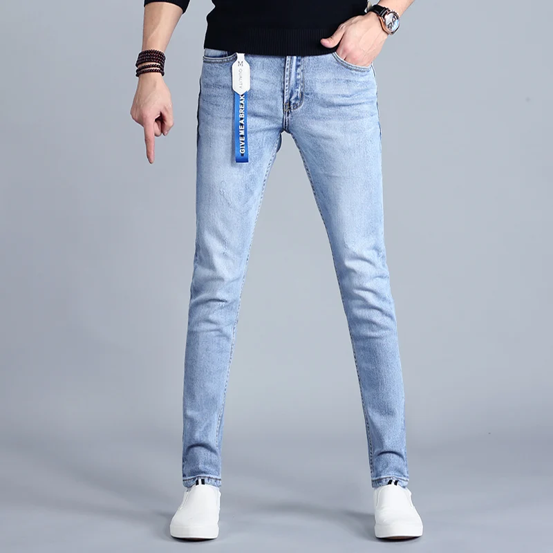 Summer Men's Light Blue Jeans Korean Style Casual Cotton Slim Fit Denim Pants