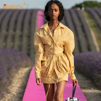 

Personalized Fashion Patchwork Drawstring Design Waist Seal Single Breasted Fake Two-Piece Shirt Style Dress Female 2020 Autumn