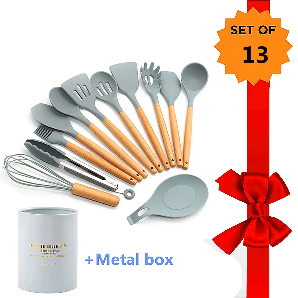 

New 11/12 Silicone Cooking Utensil Tools Kitchen Utensils Set with Holder Box Wooden Spatula for Nonstick Kitchenware Light Gray
