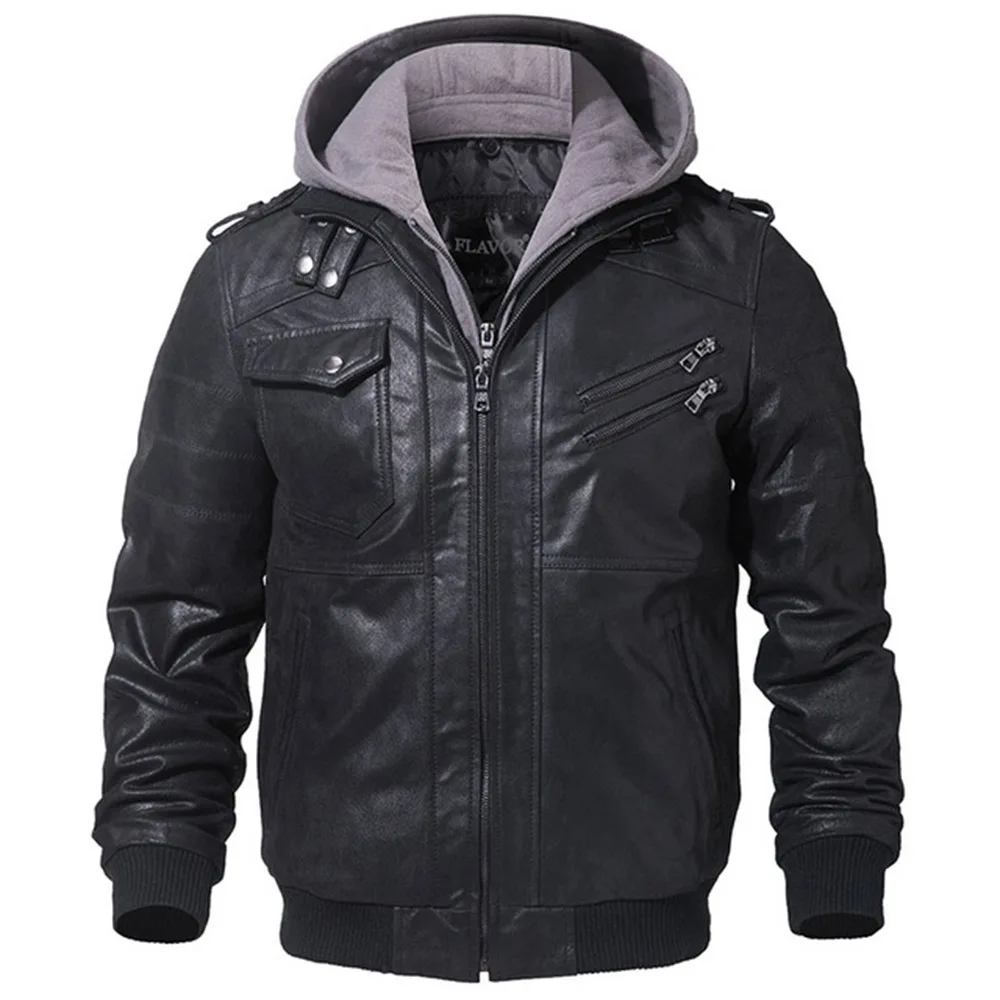

2019 Autumn And Winter Men's PU Leather Hooded Zipper Decoration Leather Jacket Coat Large Size