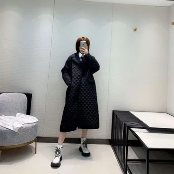 

2019 Autumn and Winter Women's New Fashion British Style Rhombic Cotton Long Black Jacket Free Shipping Worldwide