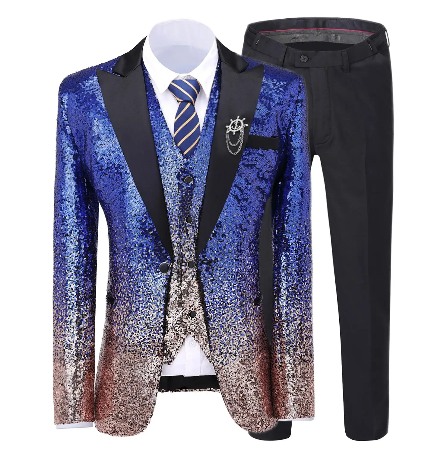 Royal Blue Men's Suit Gradually Changing Color Sequin Blazer Peak Notch Lapel Tuxedo For Wedding Party Groom (Blazer+Vest+pants) Royal Blue Men's Suit Gradually Changing Color Sequin Blazer Peak Notch Lapel Tuxedo For Wedding Party Groom (Blazer+Vest+pants)