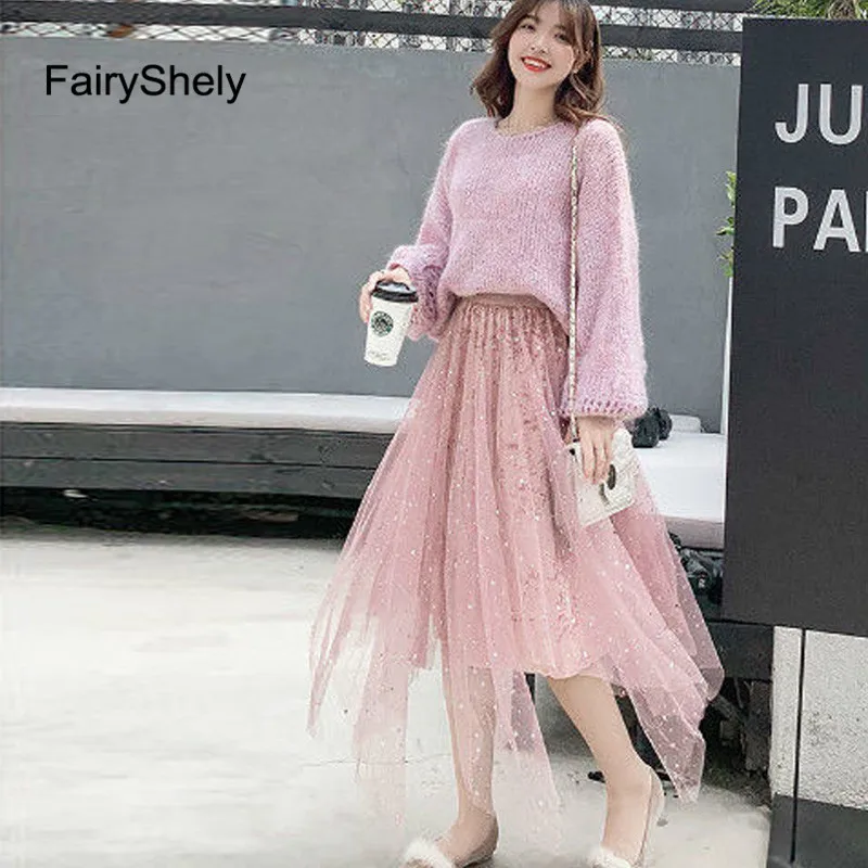 FairyShely осень зима розовый тюль юбки женские бархатные плиссированные длинные юбки для дам эластичная лента Высокая талия Теплая юбка миди