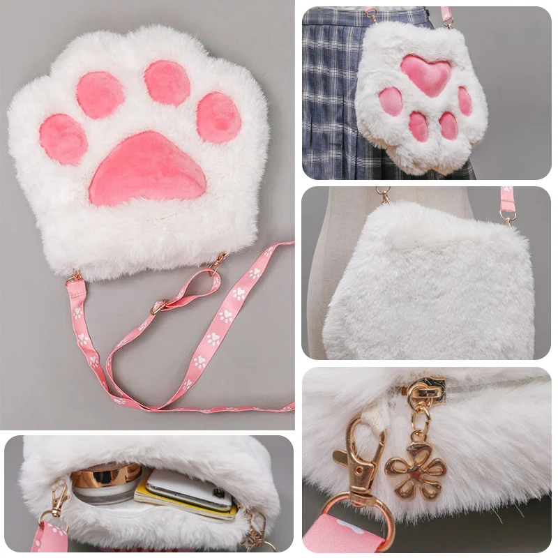Girls Cute Bear Paw Chain Zipper Shoulder Bag Lolita Crossbody Bag Lovely Kid's Soft Fluffy Plush Coin Purse Baby Boys Accessory