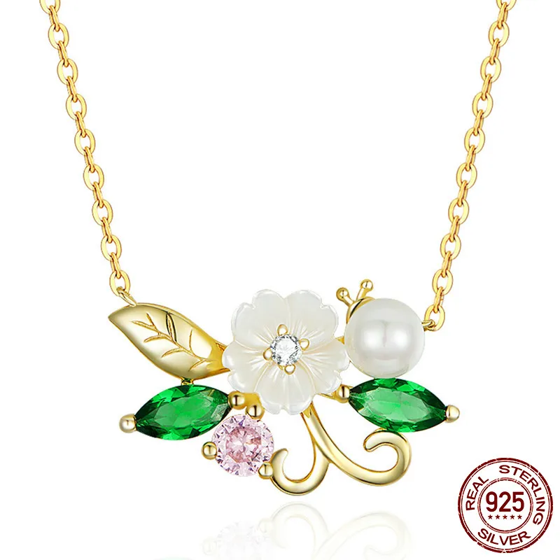 

MYBEBOA Shell Pearl Flower Choker Necklace for Women Floral Chain Necklace Gold Color Silver 925 Fashion Design Jewelry