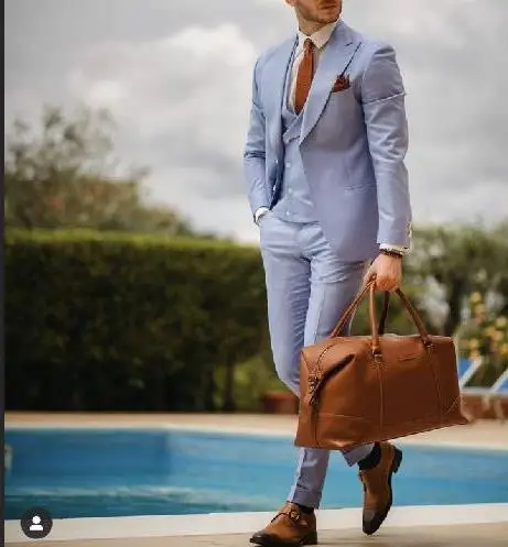 

Fashion peak lapel light blue men's suit wedding ball formal men's tuxedo custom terno groomsman dress (coat + pants + vest)