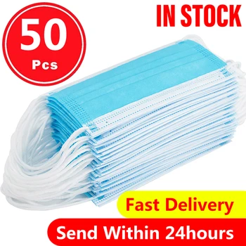 

50 Pc A Box Of Environmentally Friendly Disposable Masks Adults Dust-proof Protective Masks Breathable Blue Maschera
