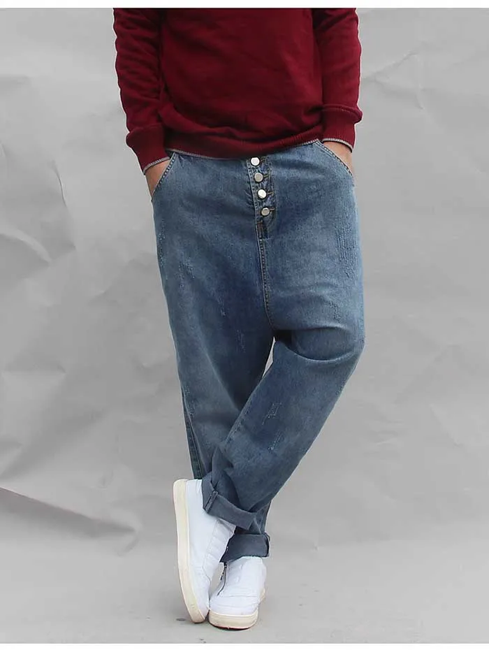 Мода свободные шаровары джинсы мужские повседневные уличная одежда в стиле «хип-хоп», джинсовые штаны с заниженным пахом на пуговицах спереди синие брюки одежда для бега