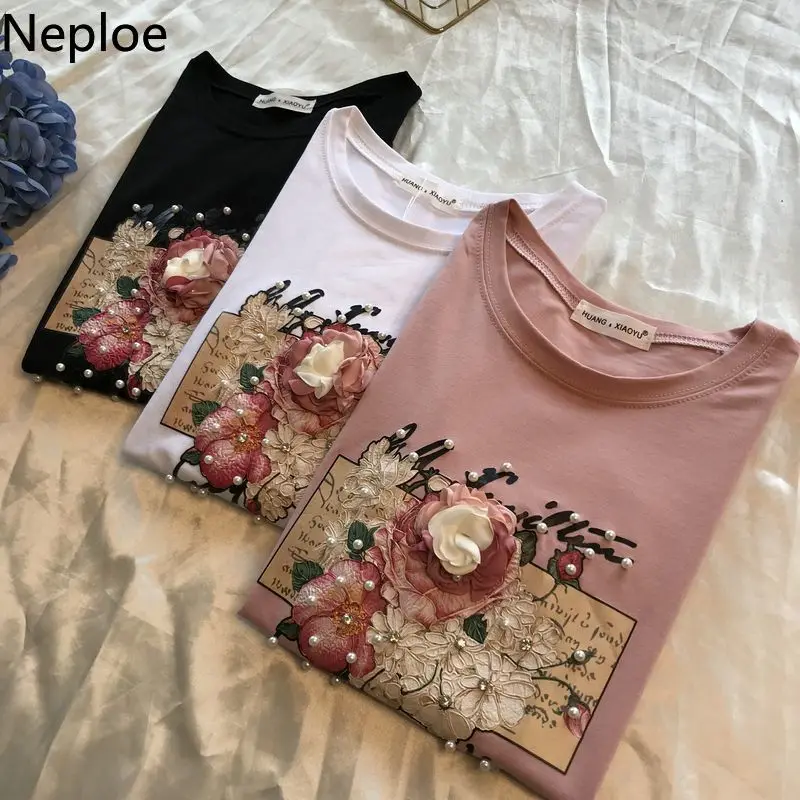 Женская футболка с круглым вырезом Neploe Повседневная Свободная цветочной