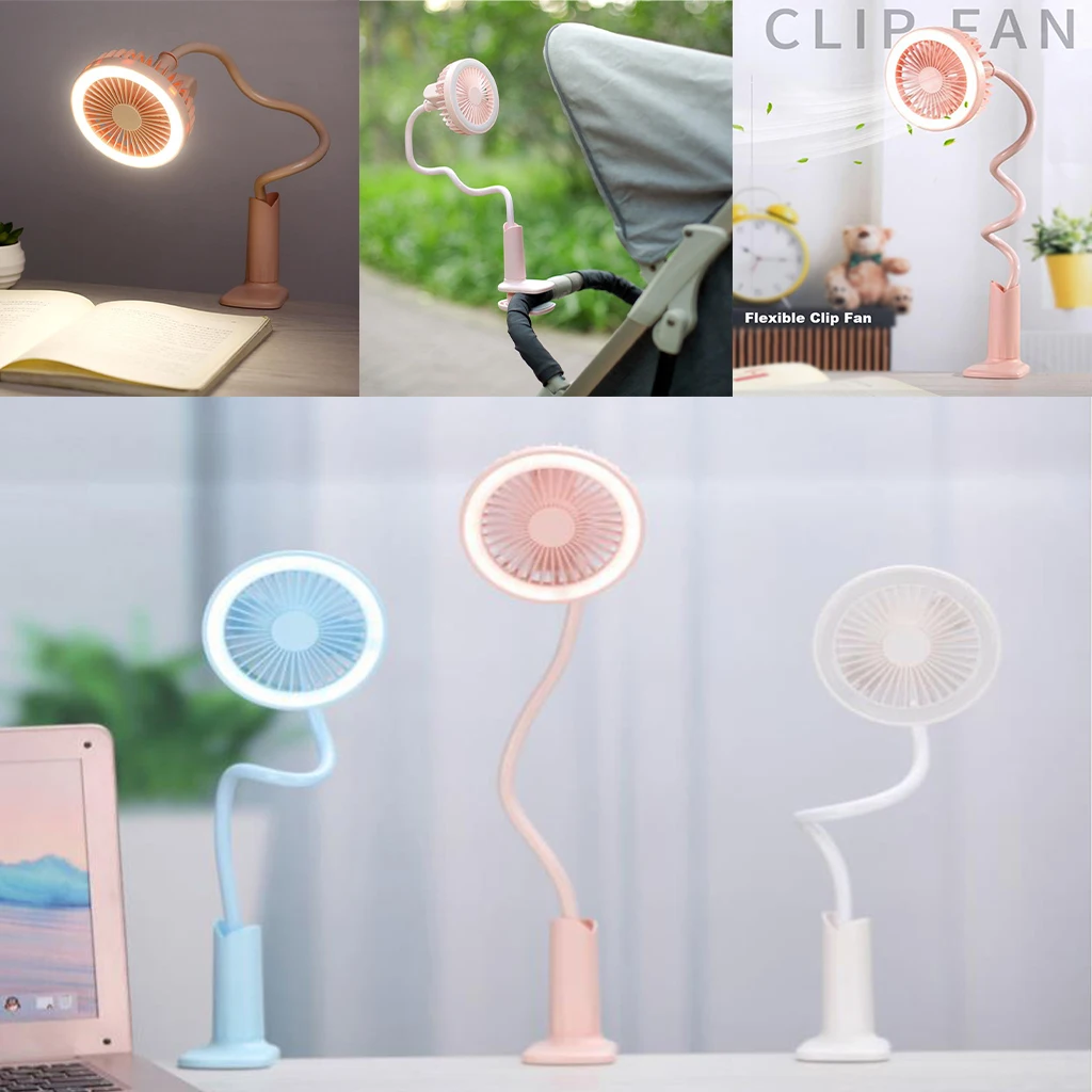 Stroller Clip on Fan Desk USB LED Lamp Fan 2 Speeds &2 Brightness 1500mAh for Travel Office Home