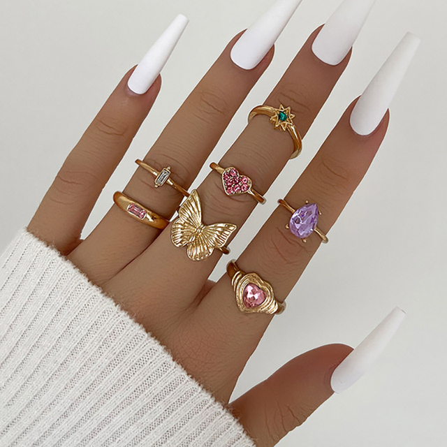 Colorful Enamel Finger Ring Set For Women Heart Butterfly Flower Crystal Kunckle Rings Fashion Lady Party Jewelry