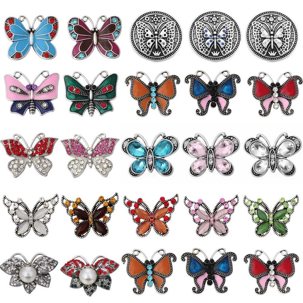 

6pcs/lot Multi Style Rhinestone Butterfly Snap Buttons Jewelry Fit 18mm Metal Snap Button Jewelry DIY Bracelet