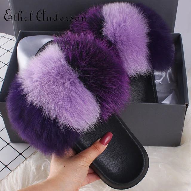 2021 Hot Sale Women Real Fox Fur Slippers Multi-color Summer Fashion Slides Casual Female Furry Shoes As picture