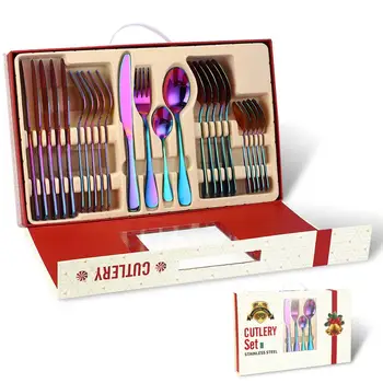 

24PCS Rainbow Tableware Set With Christmas Gift Box Stainless Steel Dinner Flatware Set Metal Mirror Polishing Knife Fork Spoon