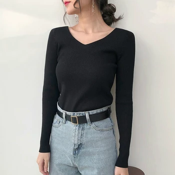 

high quality Spring Autumn V Neck Knitted Pullovers Women Slim basic Sweater Elastic Solid Color Jumpers female women sweater