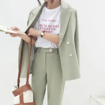 

Vintage Autumn Spring 2pcs Set Women Pant Suit Light Green Notched Blazer Jacket & Pant 2020 Office Wear Women Suits Female Sets