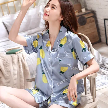 

Pajama Women's Summer Short Sleeve&Shorts Thin 2PCS Sleepwear Set Satin Sexy Lovely Home Clothes Set Casual Printed Nightwear