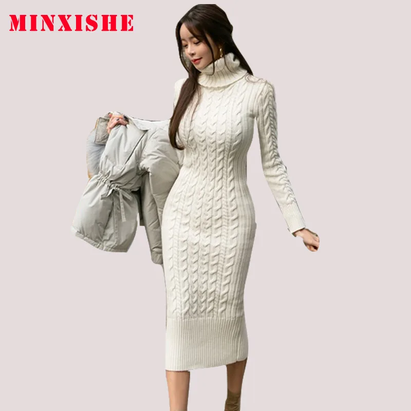 

Winter Women Turtleneck knitted jumper Full Long Sleeve Medium Mid-calf Korean style Office lady Bodycon Sheath sweater Dress