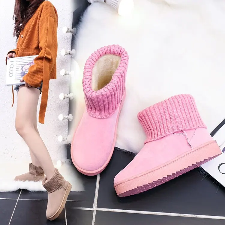 

2019 Warm Winter Snow Ankle Boots Pink Flat Bottom Round Toe Women Flat Snow Boots Non-slip Fur Women Winter Boots Woman