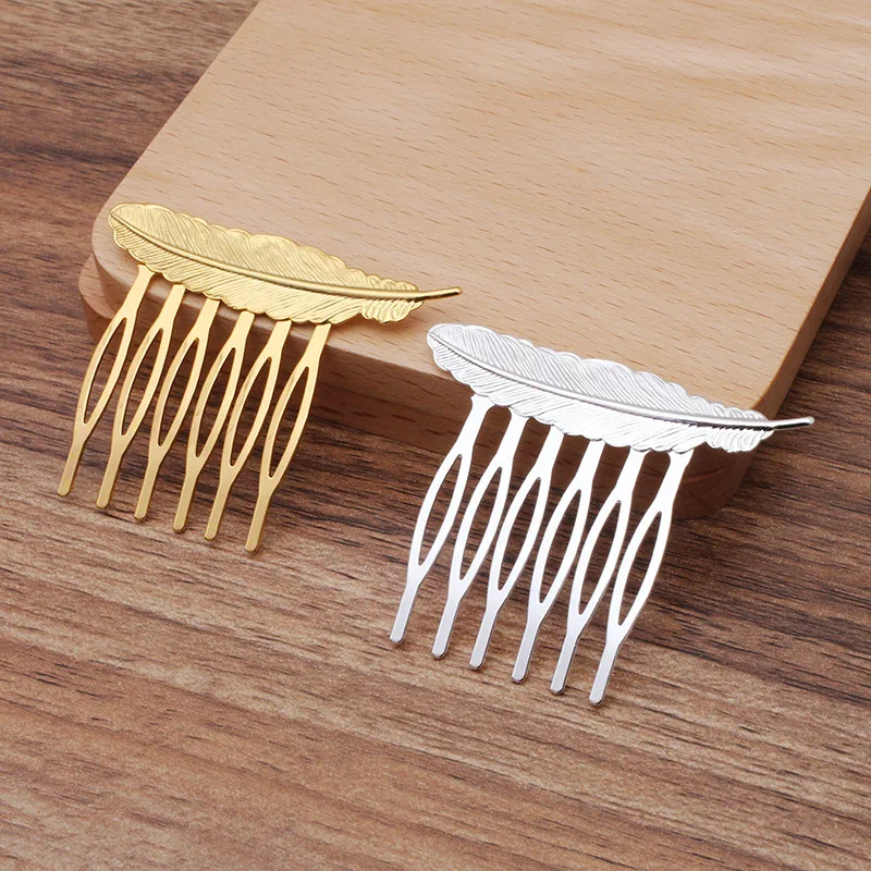 35x45mm Blank Hair Clips Side Combs Pin Metal Feather shape 6 Teeth