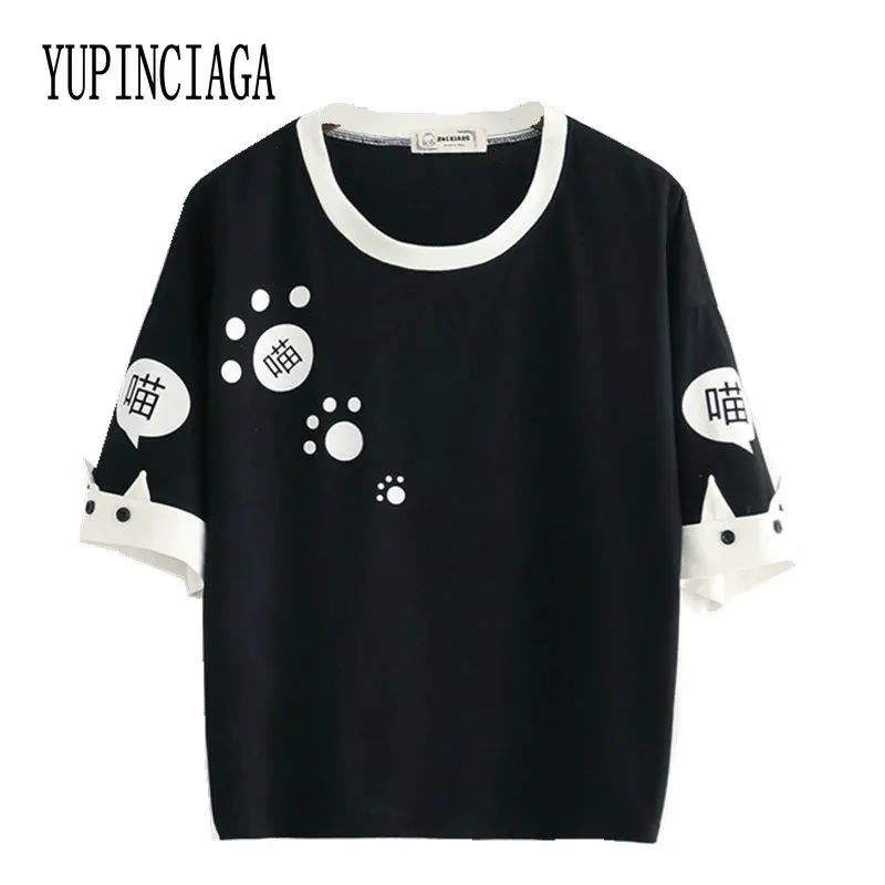 

YUPINCIAGA Summer Preppy Style Tee Shirt Meow Meow Printed Color-block O-Neck short-sleeved women's cotton Black White T-shirt