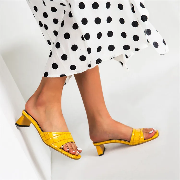

Mules Womens Slides Shoes High Quality Soft PU Leather Square Toe Shallow Slippers Fashion Low Heel Sandals Black Yellow