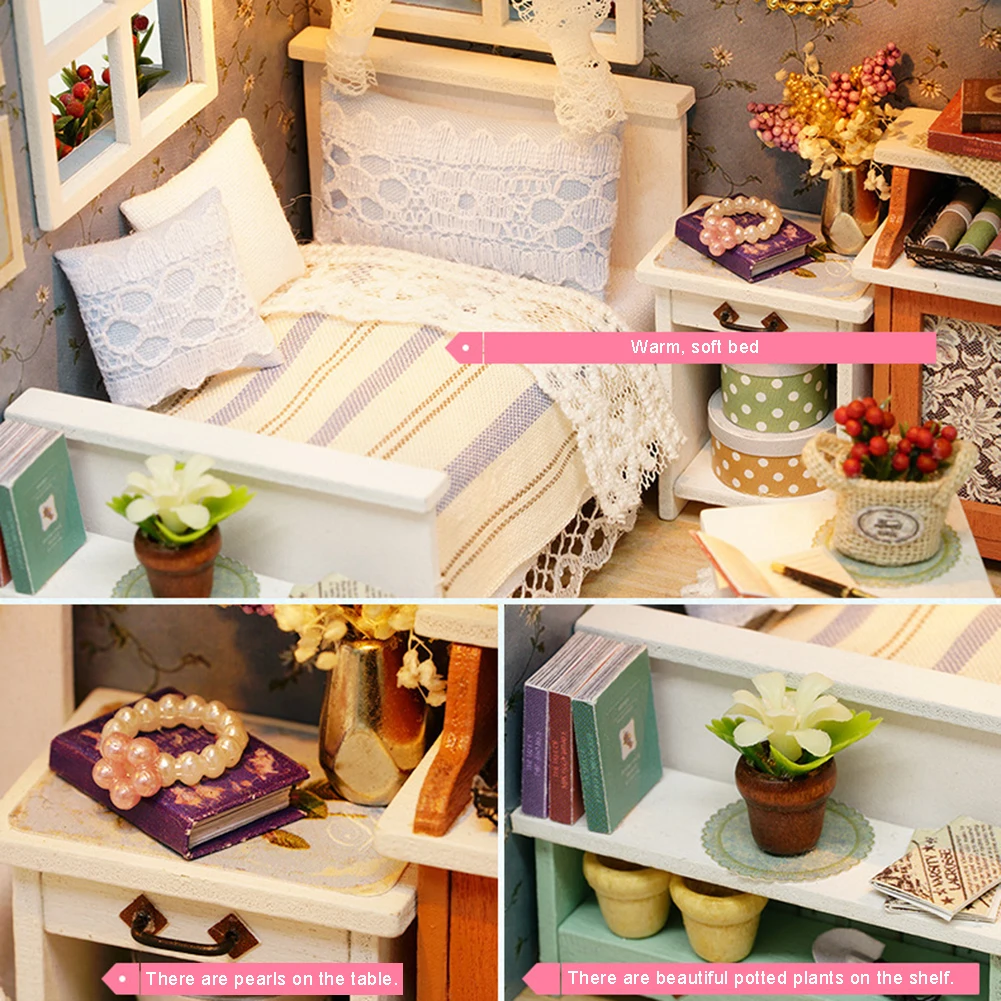 Собранный миниатюрный DIY Кукольный дом, модель спальни с крышкой, детские игрушки, рождественский подарок