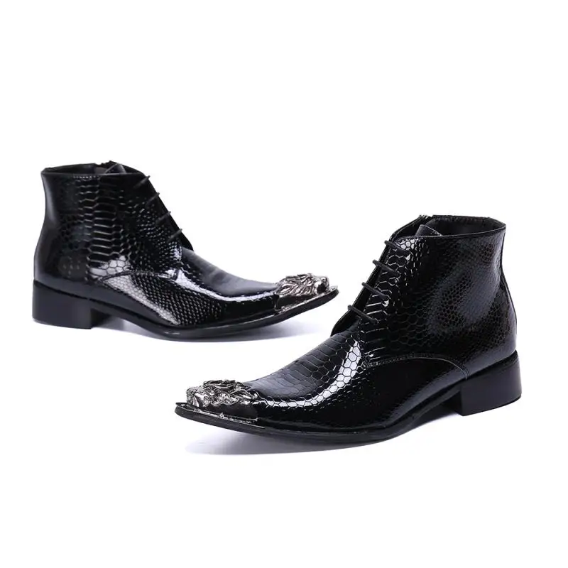 Luxury Patent Leather Chelsea Ankle Boots Men Pointed Toe High Toe Dress Shoes Europe America Mens Business Work Short Boots